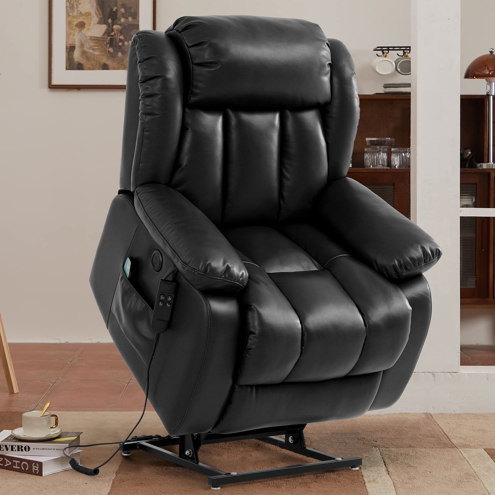 Ergonomischer elektrischer Relaxsessel mit Heiz‑ und Massagefunktion &amp; Aufstehhilfe – Vollflächige Liegeposition für Senioren &amp; Büroangestellte, Echtlederbezug, USB‑C‑Ladeanschluss