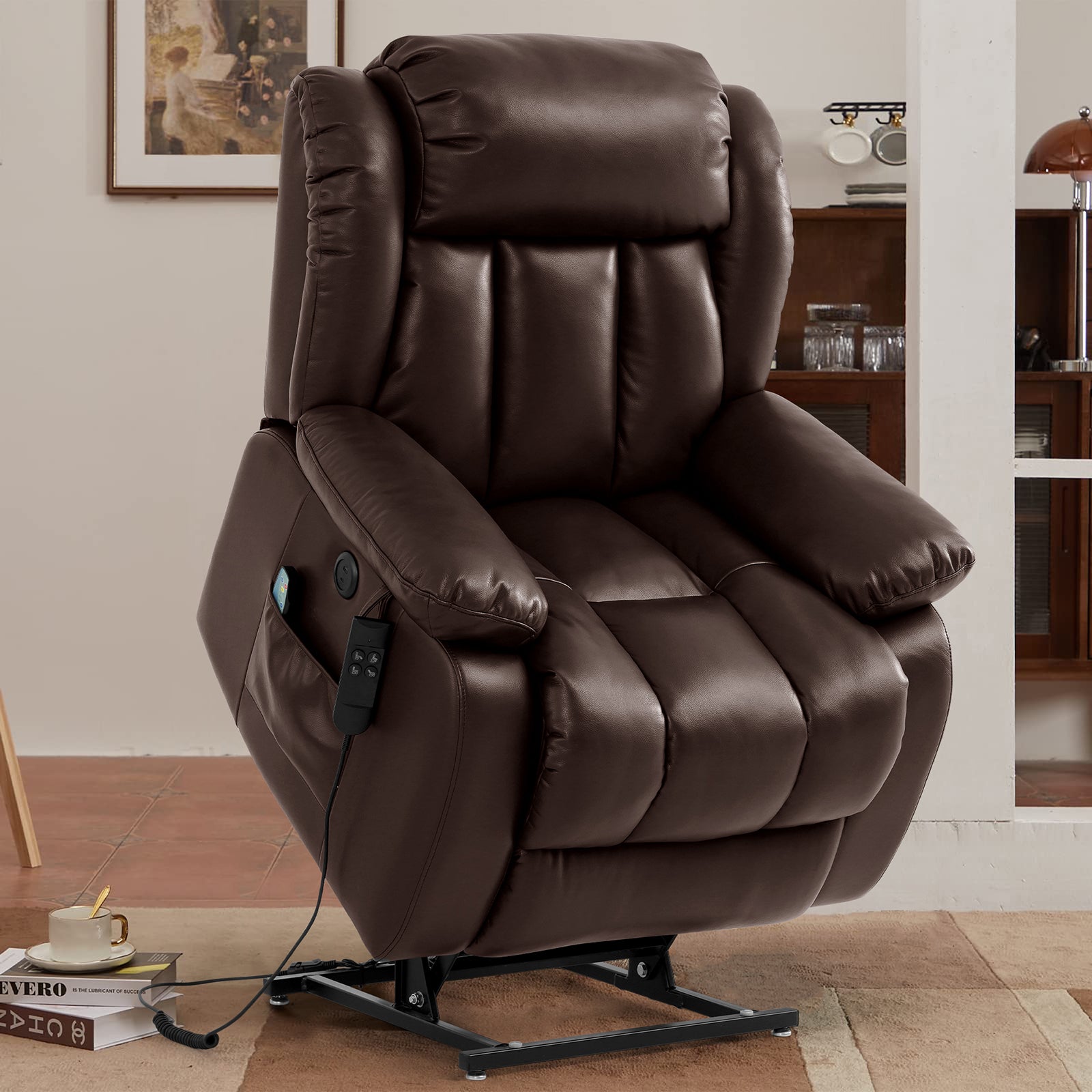 Ergonomischer elektrischer Relaxsessel mit Heiz‑ und Massagefunktion &amp; Aufstehhilfe – Vollflächige Liegeposition für Senioren &amp; Büroangestellte, Echtlederbezug, USB‑C‑Ladeanschluss