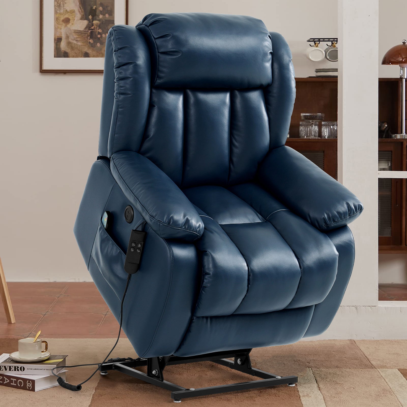 Ergonomischer elektrischer Relaxsessel mit Heiz‑ und Massagefunktion &amp; Aufstehhilfe – Vollflächige Liegeposition für Senioren &amp; Büroangestellte, Echtlederbezug, USB‑C‑Ladeanschluss