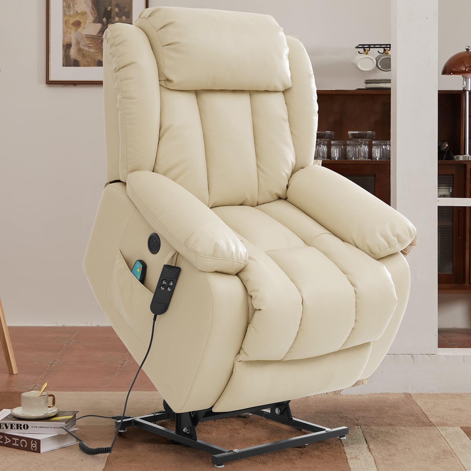 Ergonomischer elektrischer Relaxsessel mit Heiz‑ und Massagefunktion &amp; Aufstehhilfe – Vollflächige Liegeposition für Senioren &amp; Büroangestellte, Echtlederbezug, USB‑C‑Ladeanschluss