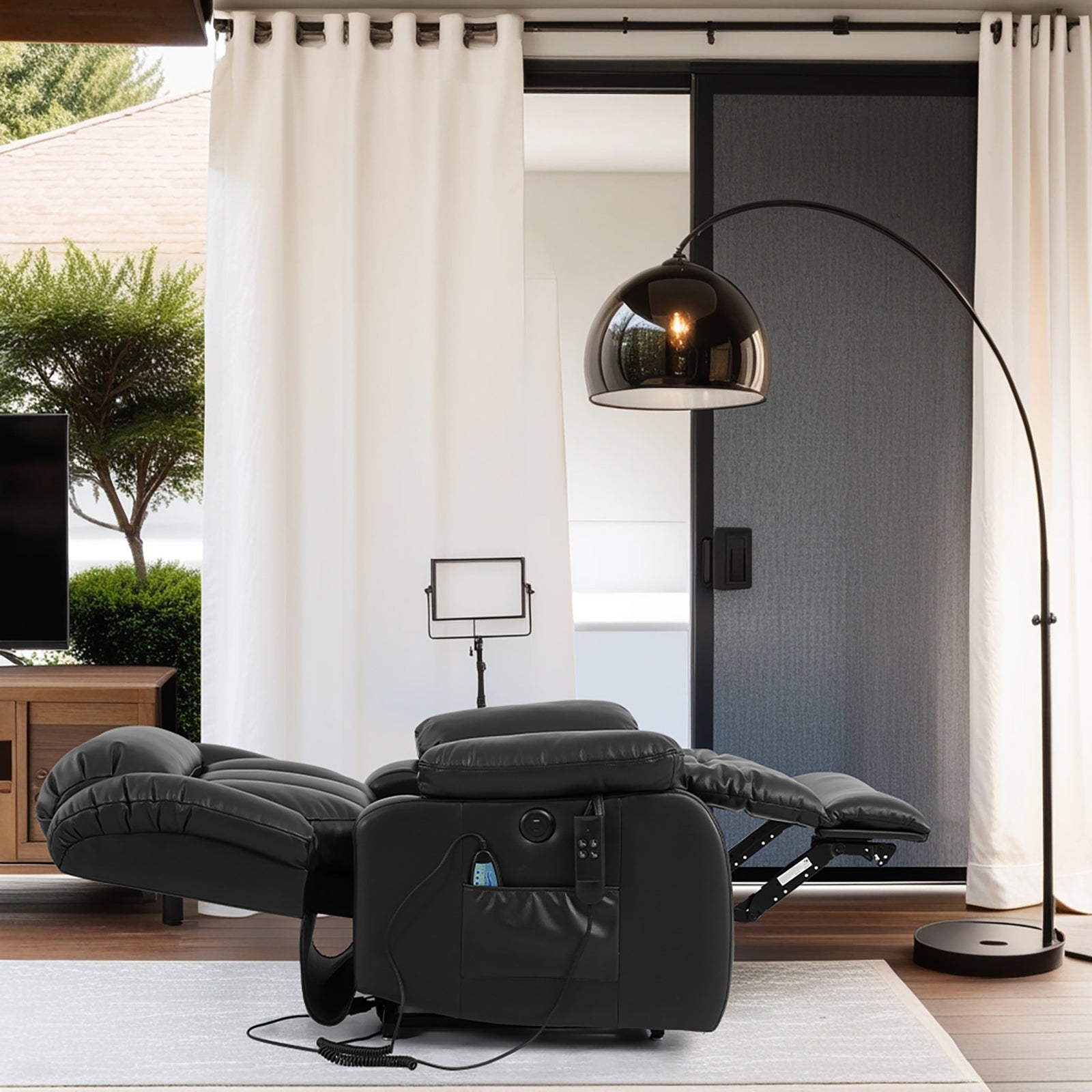 Ergonomischer elektrischer Relaxsessel mit Heiz‑ und Massagefunktion &amp; Aufstehhilfe – Vollflächige Liegeposition für Senioren &amp; Büroangestellte, Echtlederbezug, USB‑C‑Ladeanschluss