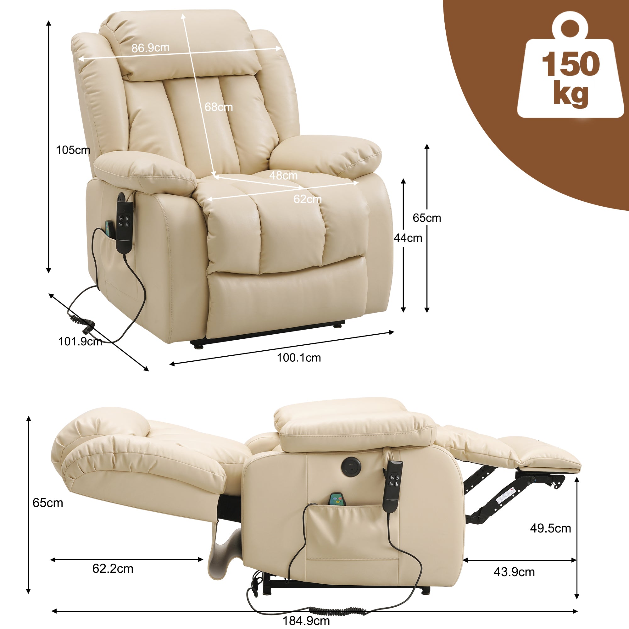 Ergonomischer elektrischer Relaxsessel mit Heiz‑ und Massagefunktion &amp; Aufstehhilfe – Vollflächige Liegeposition für Senioren &amp; Büroangestellte, Echtlederbezug, USB‑C‑Ladeanschluss