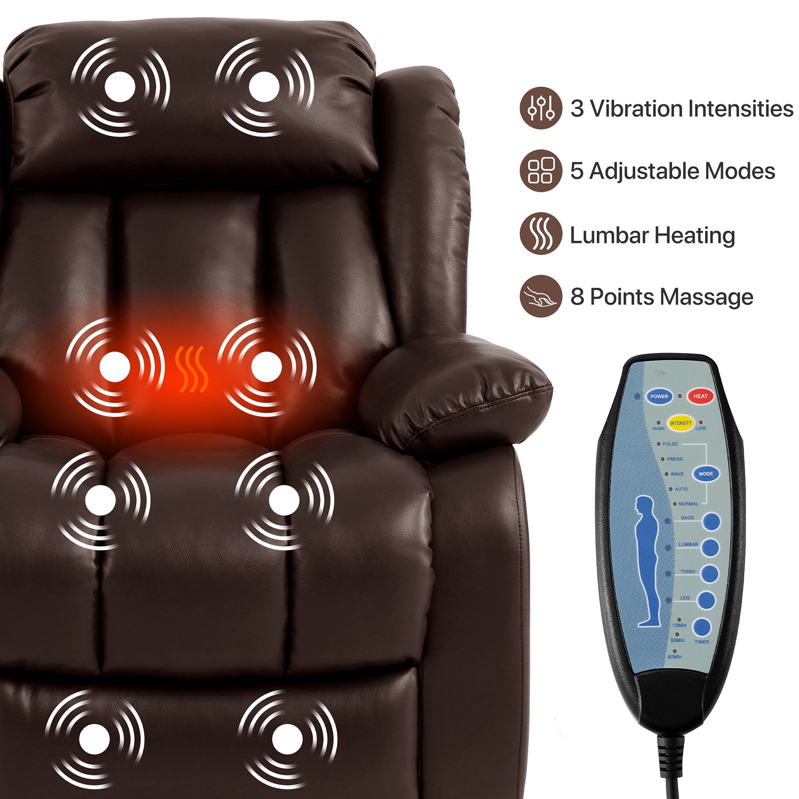 Ergonomischer elektrischer Relaxsessel mit Heiz‑ und Massagefunktion &amp; Aufstehhilfe – Vollflächige Liegeposition für Senioren &amp; Büroangestellte, Echtlederbezug, USB‑C‑Ladeanschluss