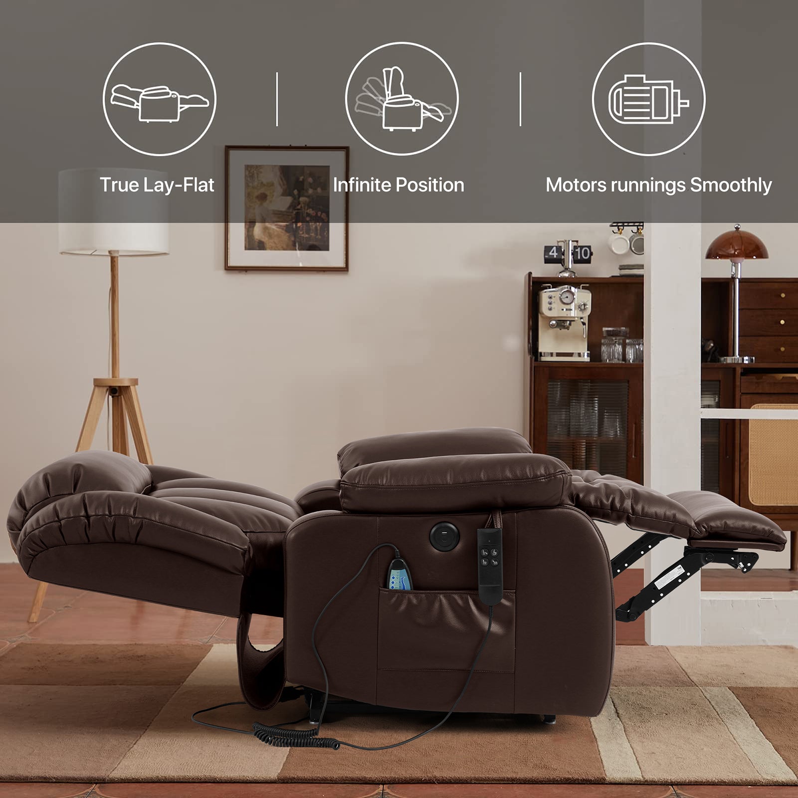 Ergonomischer elektrischer Relaxsessel mit Heiz‑ und Massagefunktion &amp; Aufstehhilfe – Vollflächige Liegeposition für Senioren &amp; Büroangestellte, Echtlederbezug, USB‑C‑Ladeanschluss