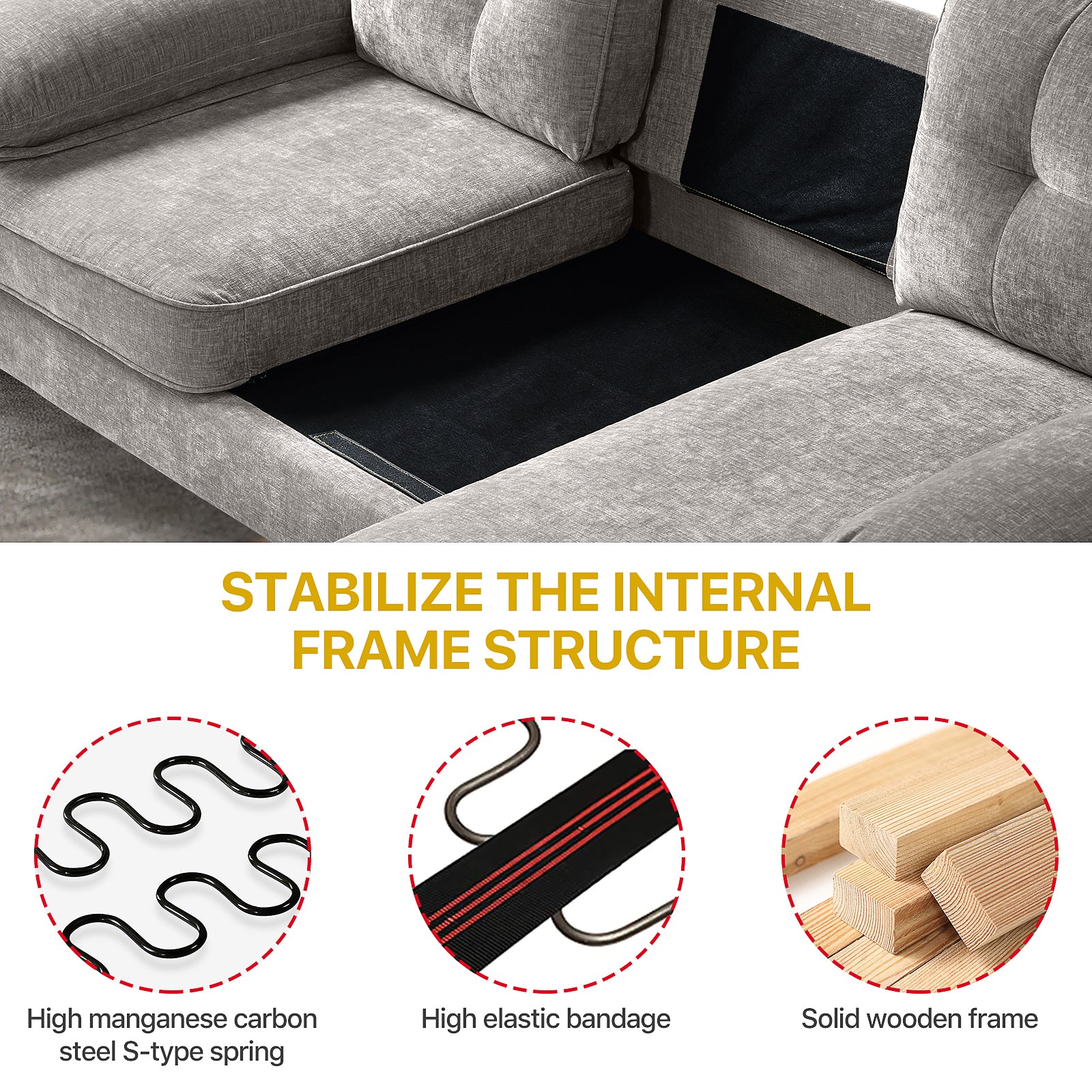 Chenille Sofa gepolstertes Ecksofa in L-Form - waschbare Kissen - Chaiselongue beidseitig montierbar mit 3 Sitzer für Wohnungen/Wohnzimmer
