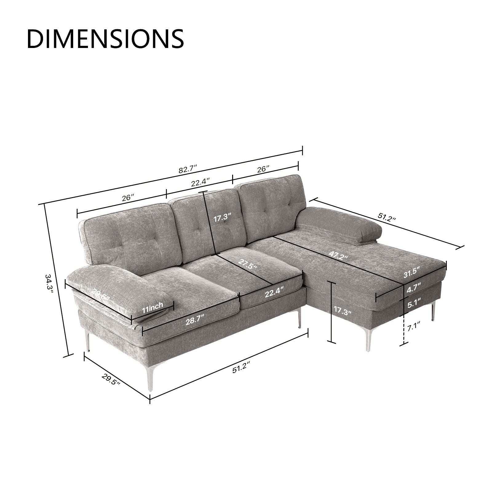 Chenille Sofa gepolstertes Ecksofa in L-Form - waschbare Kissen - Chaiselongue beidseitig montierbar mit 3 Sitzer für Wohnungen/Wohnzimmer