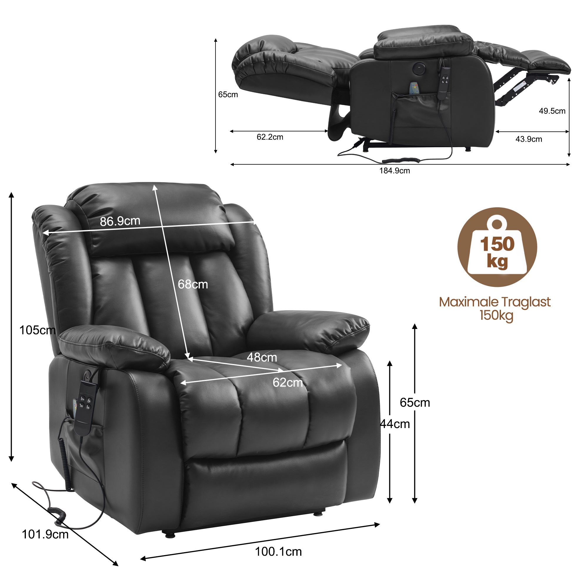 Elektrischer Relaxsessel mit Aufstehhilfe, Sessel mit Schlaffunktion, 2 Motoren, Massagesessel mit Liegefunktion,Vibration und Heizung